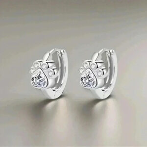 Paw Print Zircon Hoop Earrings in Silver